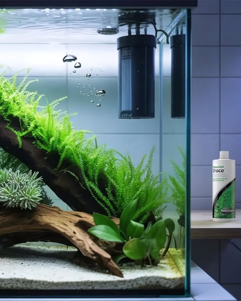 A high-quality 4:5 aspect ratio image showcasing a Seachem Flourish Trace bottle next to a vibrant, healthy planted aquarium tank.